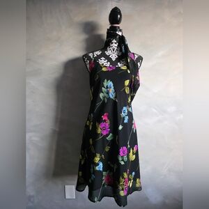 Vtg Black Multicolor Floral Spaghetti Strap Polyester Dress With Neck Tie Sz 16
